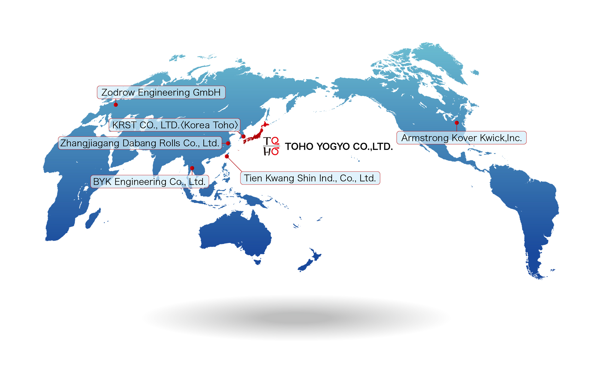 World distribution map of business partners of TOHO YOGYO