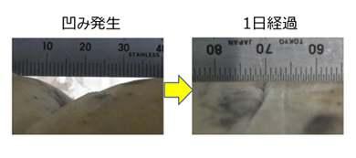 外力により凹みが発生してもそれを塞ぐ復元治癒能力がある